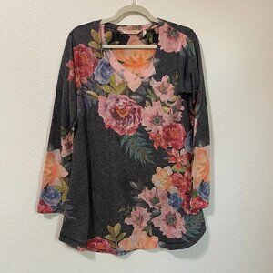 Soft Surroundings Midnight Blooms V-Neck Tunic Length Sweater - Gray - Small